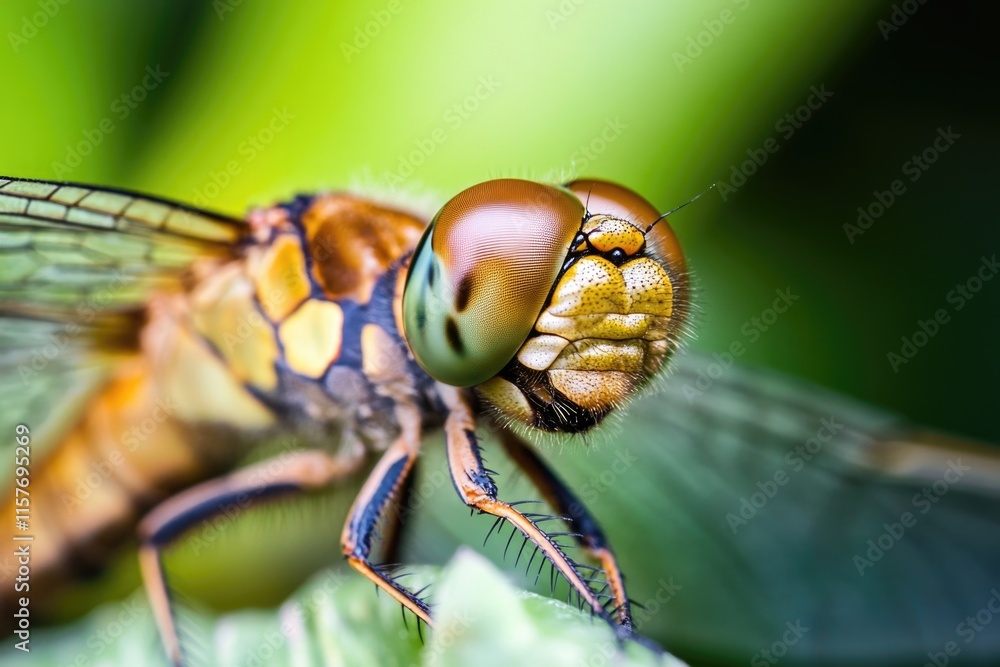 Aufkleber close-up shot of a dragonfly resting on a leaf, with intricate details visible