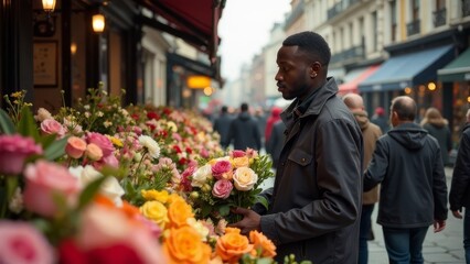 Fototapeta premium A young African American man chooses a bouquet at a flower fair on a city street