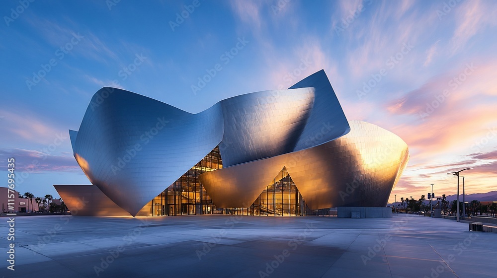 Aufkleber a modern architectural structure with dynamic shapes and reflective surfaces.
