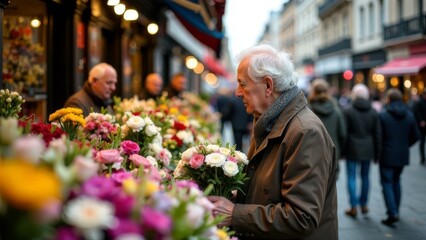 An elderly man chooses a bouquet at a flower fair on a city street