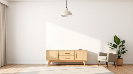 Minimalist Living Room Interior Design with Light Wood Media Console and Armchair