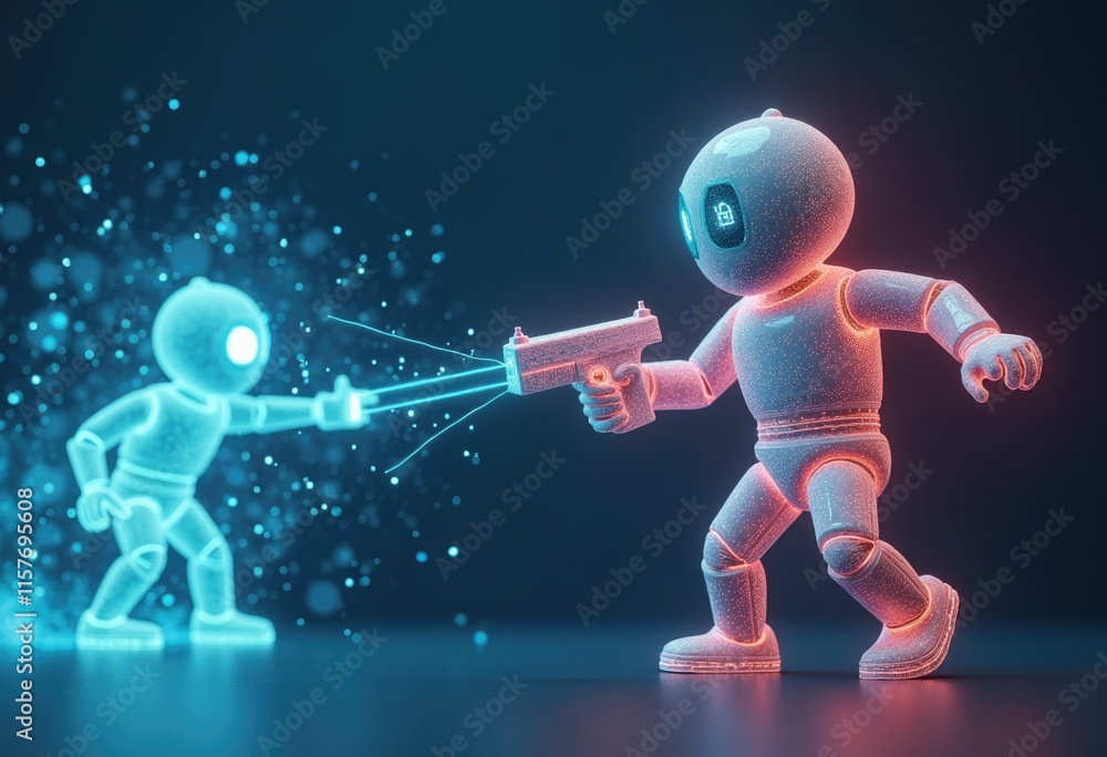 Aufkleber a glowing robot aims a futuristic weapon at a translucent robot.