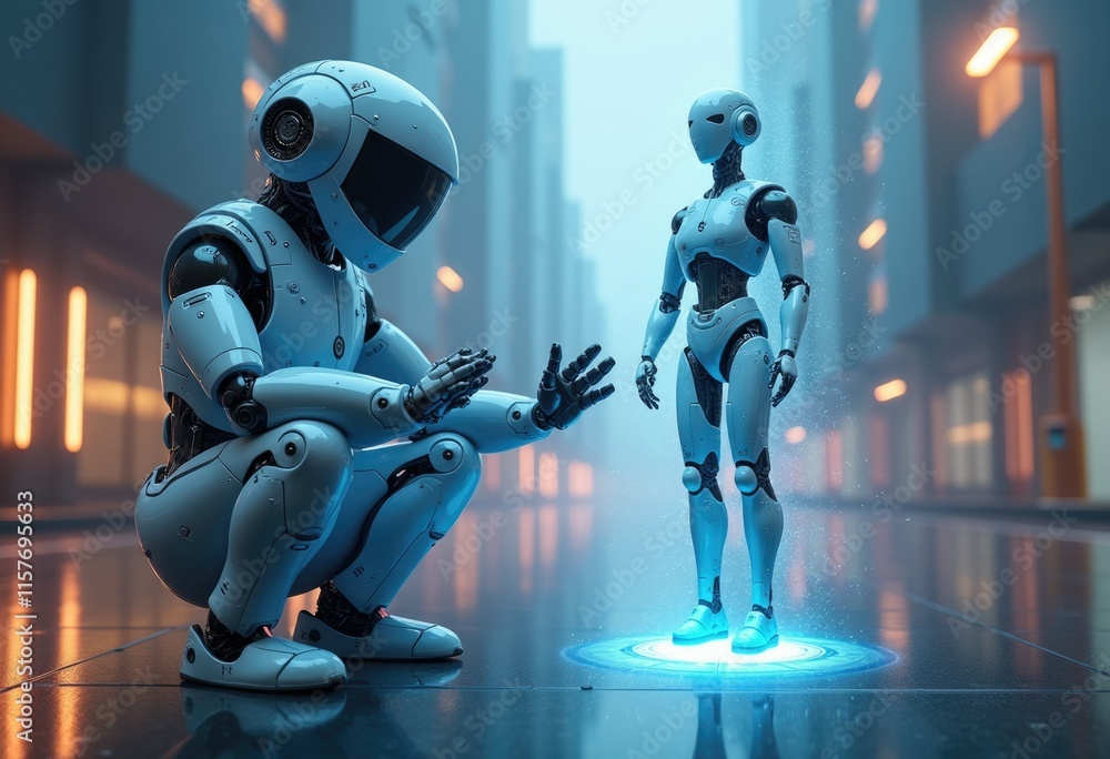 Poster two robots interact in a futuristic urban setting one crouched down the other standing tall.