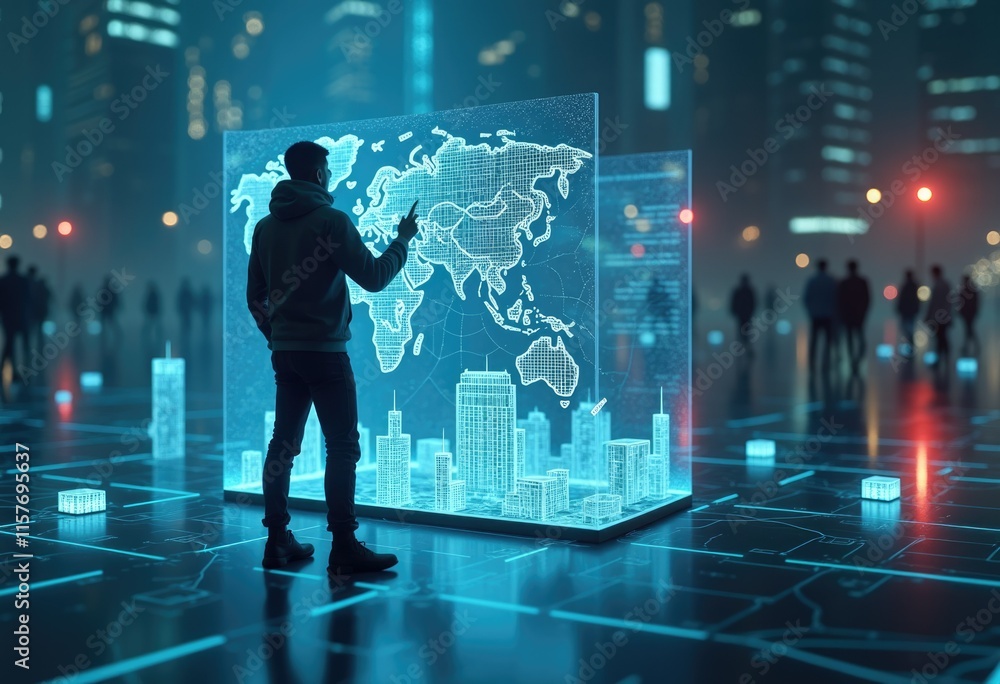 Poster man interacts with digital world map and city skyline.