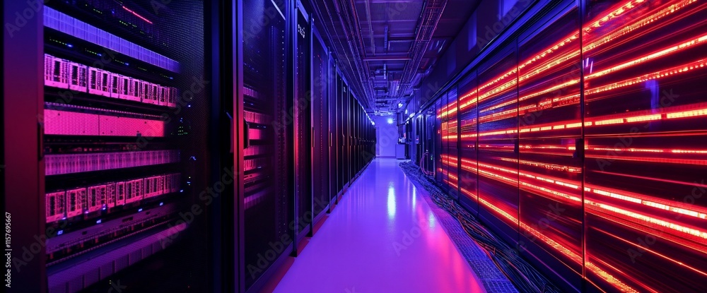 Poster a modern data center with illuminated server racks and high-tech equipment.