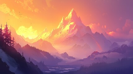 Majestic mountain range illuminated by a vibrant sunset over tranquil valley and dense forest