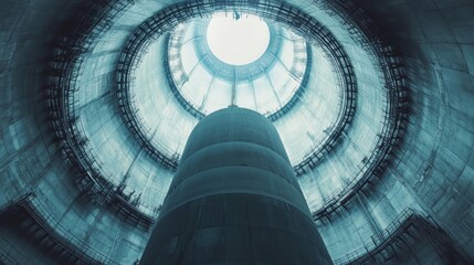 Naklejka premium Industrial construction project abandoned cooling tower photography urban environment low angle viewpoint structural design concept