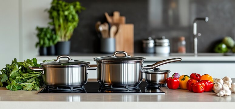 A modern kitchen scene featuring pots, fresh vegetables, and herbs for cooking.