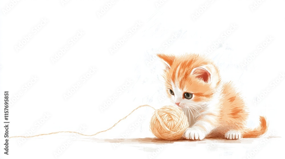 Poster cute kitten explores a ball of yarn in a playful setting with empty space for text. generative ai