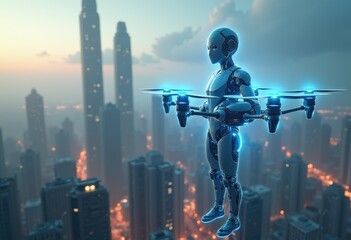 A humanoid robot flies a drone over a city skyline.