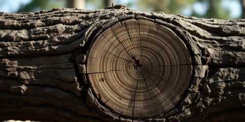 Naklejka premium Detailed cross-section of a weathered tree trunk revealing its intricate growth rings and textured bark