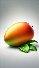 Ripe Mango with Green Leaves on Soft Grey Background