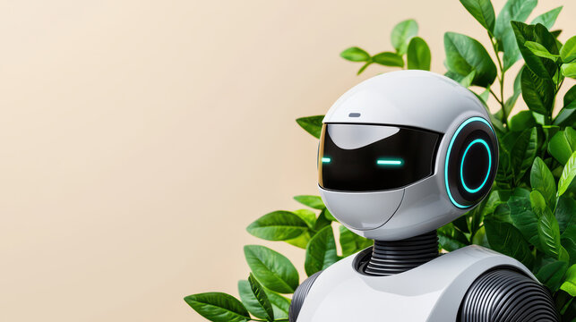 futuristic robot with sleek design stands among lush green leaves, showcasing advanced technology and friendly demeanor