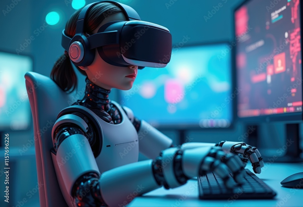 Aufkleber a robotic girl wearing a vr headset sits at a computer typing on the keyboard.