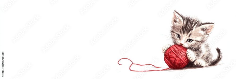 Poster Cute kitten joyfully playing with a ball of yarn with plenty of space for personalized text or messages. Generative AI