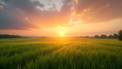 Fototapeta premium Serene sunset over lush green rice field for Day of Peace celebration