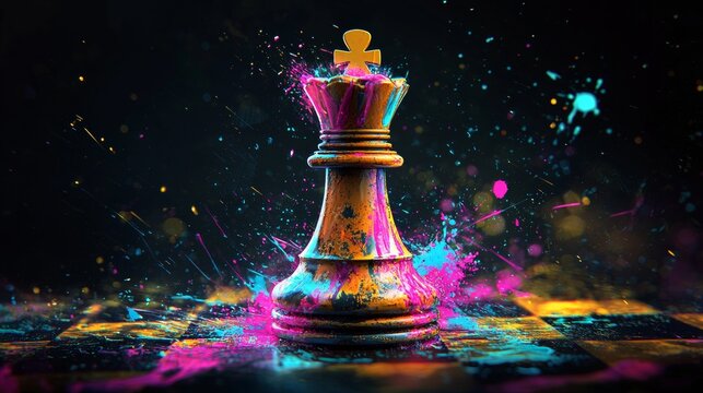 Colorful chess piece stands out on a chessboard amidst vibrant splashes of paint