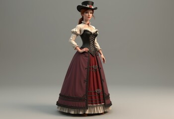 Fototapeta premium A woman in a Victorian style dress with a black corset and a red skirt.