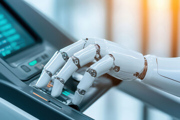 robotic hand interacts with treadmill, showcasing advanced technology and fitness. scene highlights innovation in exercise equipment