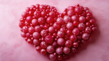 A creative and colorful illustration of a heart made from red balloons on a pink background