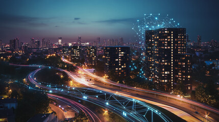 Fototapeta premium Smart digital Innovation city with connection network reciprocity over the cityscape. of future smart wireless digital city and social media networking systems that connects people with in city