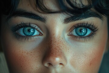 Fototapeta premium Close-up shot of a woman's eyes featuring freckles, suitable for use in portraits or beauty-related content