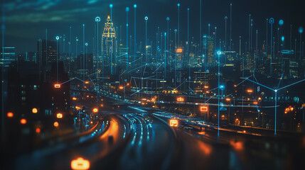 Obraz premium Smart digital Innovation city with connection network reciprocity over the cityscape. of future smart wireless digital city and social media networking systems that connects people with in city