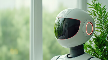 close up of modern robot with sleek design, showcasing its caregiving capabilities in bright, green environment