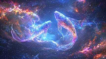 Colorful cosmic fish swimming in a vibrant nebula under a starry sky