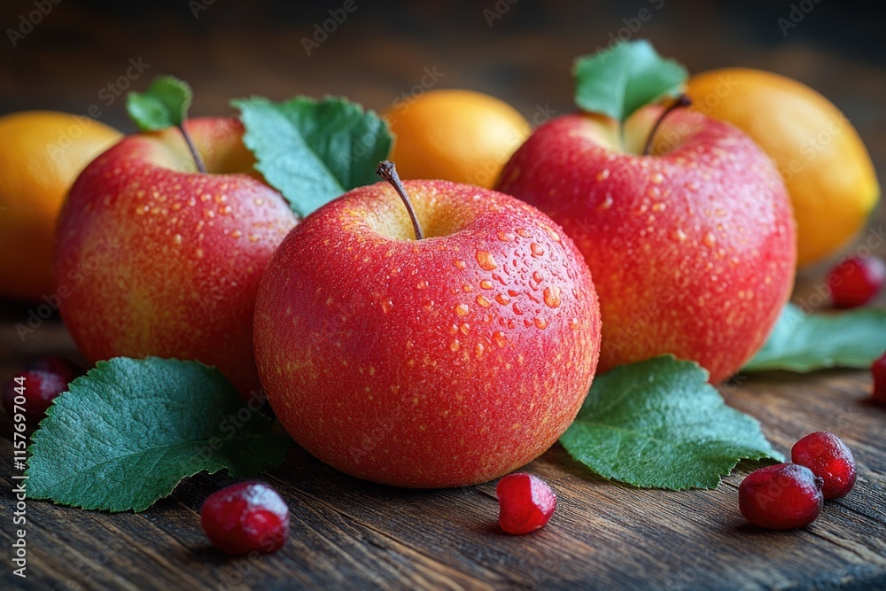 Poster a selection of apples and oranges arranged on a wooden table