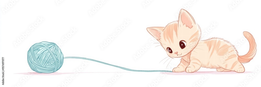 Poster Cute kitten plays joyfully with a ball of yarn in a bright, playful setting with plenty of space for your message. Generative AI
