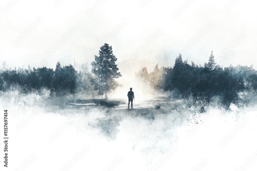 Poster a person stands in a field surrounded by trees, possibly enjoying nature or waiting for something