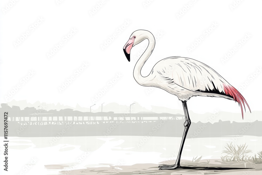 Poster Elegant flamingo standing gracefully by the water with ample space for text and design elements. Generative AI