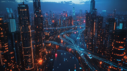 Fototapeta premium Smart digital Innovation city with connection network reciprocity over the cityscape. of future smart wireless digital city and social media networking systems that connects people with in city