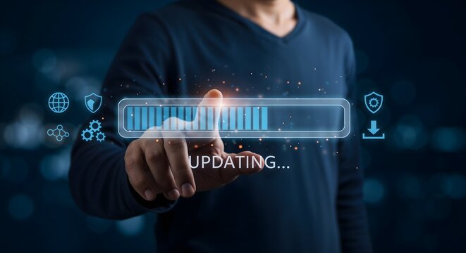 Futuristic software installation and upgrade interface in progress. Updating operating system, patch download, security improvement and innovation with glowing icons and touch interaction