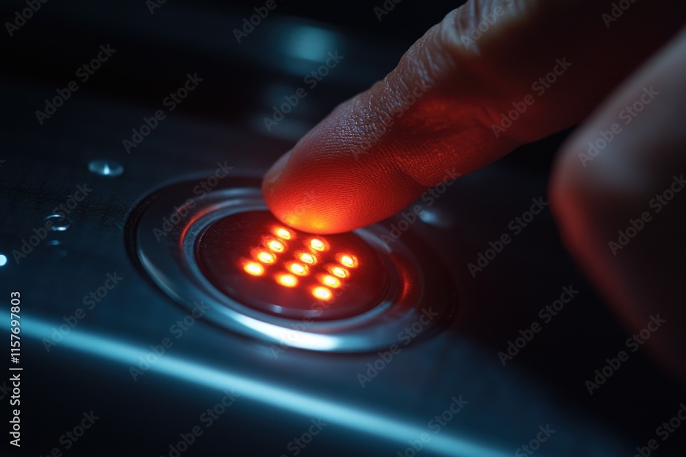 Poster a person presses a button with a red light indicating stop or warning