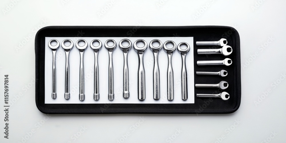 Poster a collection of shiny, chrome finish wrenches neatly arranged on a black tray. this image showcases 