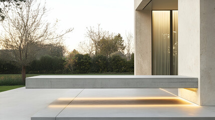 Floating concrete garden bench with integrated lighting, minimalist landscape seating