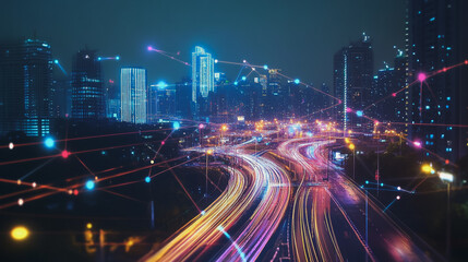 Smart digital Innovation city with connection network reciprocity over the cityscape. of future smart wireless digital city and social media networking systems that connects people with in city