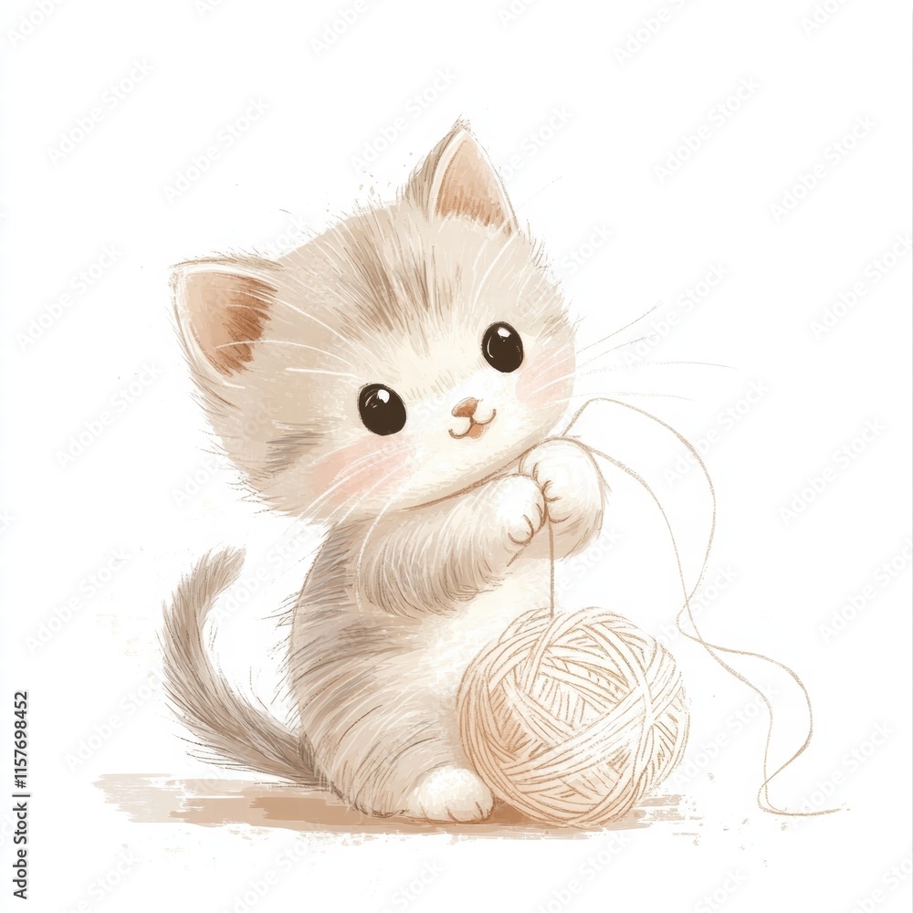Poster Cute kitten plays joyfully with a ball of yarn in a bright and cheerful setting creating a perfect mockup opportunity. Generative AI