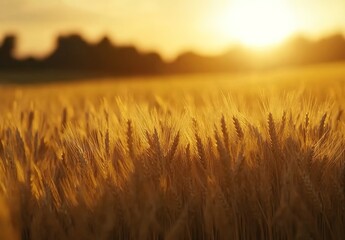 Fototapeta premium Wheat field at sunset, golden wheat ears in the foreground with a blurred background of fields and trees.
