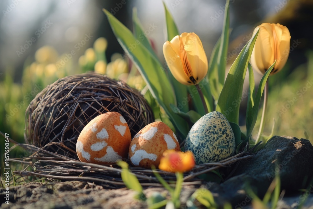 Poster Nest with three eggs and yellow tulips in the background