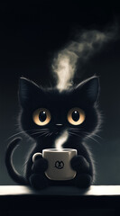 A cute fluffy cat with big eyes sits on a table next to a white coffee cup with steaming coffee, set against a minimalist black wallpaper in cartoon style.