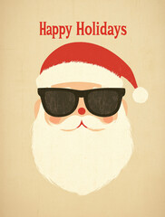 A modern minimalist Christmas card featuring Santa Claus in glasses and a red hat with "Happy Holidays" text on a beige background.