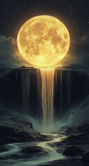 Fototapeta premium A full moon hangs over the horizon, with water flowing from its edge, creating a waterfall that cascades to one side, set against a dark sky filled with stars.