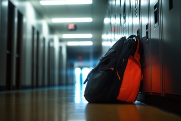Obraz premium A backpack leaning against a wall in a hallway
