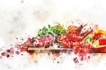 Freshly chopped meat and vegetables on a cutting board, ready for cooking