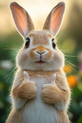 Close-up shot of a rabbit in an upright position, showcasing its agility and unusual stance