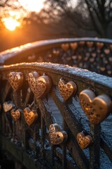 A close-up view of a bridge with hearts painted or stuck on its surface