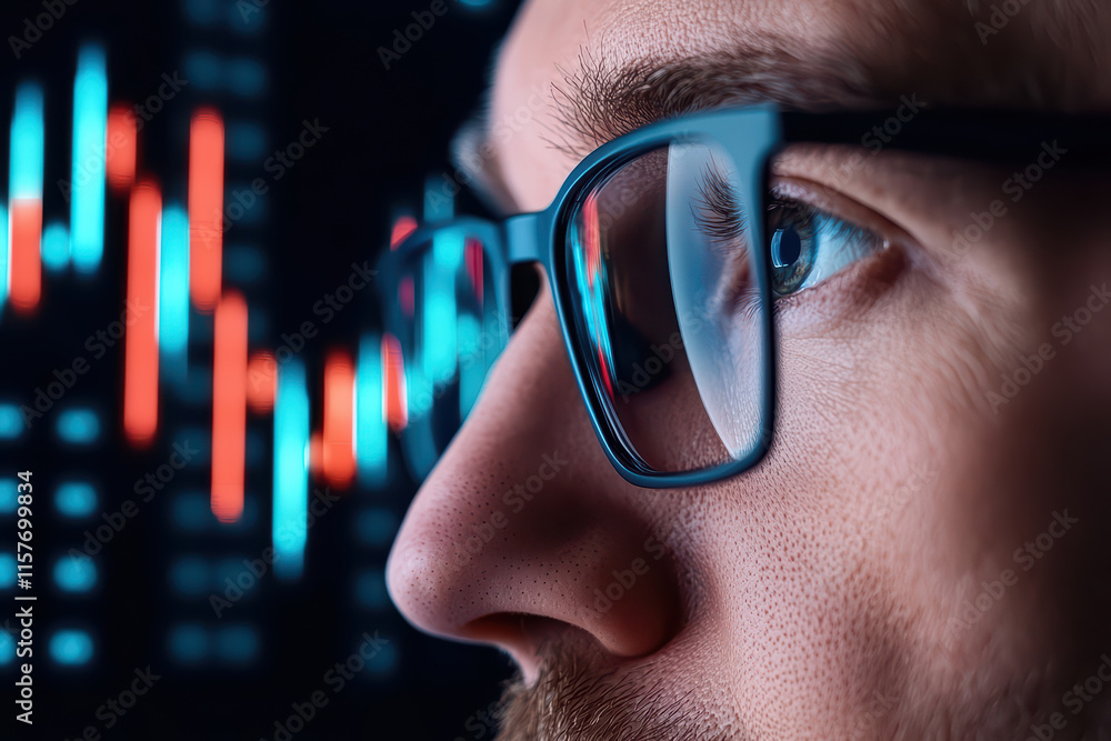 Poster close up of trader analyzing cryptocurrency charts with focus and intensity